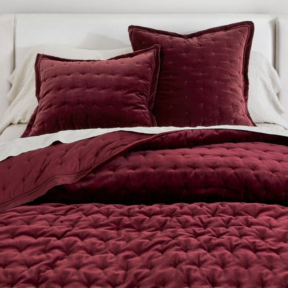 Pottery Barn Velvet Tufted Quilt FULL QUEEN Merlot Deep Dark Red Bedding NWT